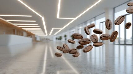 floating mid-air in a zero-gravity futuristic cafÃ© environment