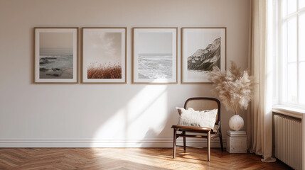 Neutral interior space with modern art and natural light in a cozy room setting