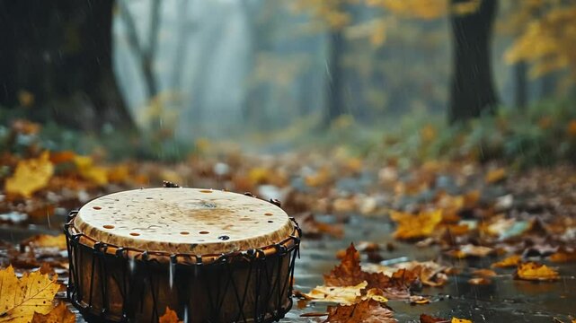A rain-soaked djembe drum rests peacefully in a forest covered with fallen autumn leaves.