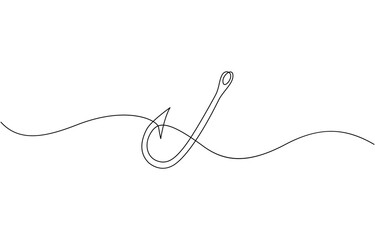 Obraz premium Fishing hook line continuous drawing vector. One line Hook vector background, Continuous outline of a Fishing hook, minimalist pro vector illustration line.