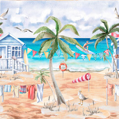 Seamless pattern with sea coast and surfers. Watercolor illustration on the theme of sea vacation for restaurant design, wrapping paper, printing on fabric.