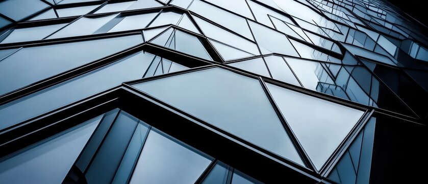 Modern Architecture Close Up View of Glass Facade in Downtown City Building Abstract Geometric Design Low Angle Perspective