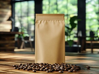 Standing pouch mockup displaying coffee beans on a wooden table in a cafe setting with natural light and blurred background