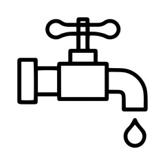 Water tap (outline style). A faucet with a water droplet symbolizes plumbing, water supply, or hygiene. Represents a fixture for dispensing water, a source of water, or a plumbing component