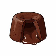 Illustration of a chocolate lava cake, partly consumed, against a white background