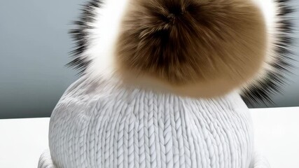 Stylish white knitted winter hat with a fluffy fur pompom, a cozy headwear for cold season, fashionable knitwear accessory - Powered by Adobe