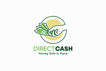 Vector logo design of cash in hand representing financial security in green and gold colors