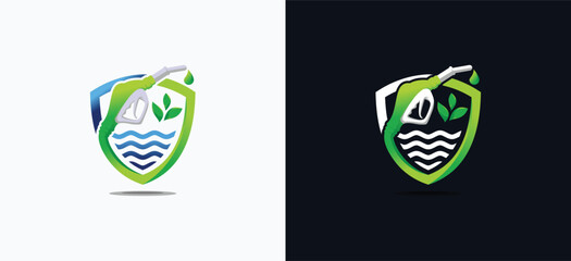 Vector logo design of bio fuel with nozzle forming a creative green shield concept