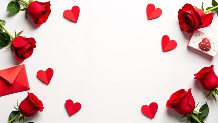 Fototapeta premium A white background with red hearts and red roses.