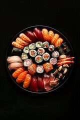 Bandeja de sushi sortido em fundo preto elegante
