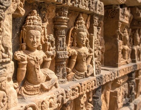 Ancient Khmer Stone Carvings Bas Relief On Temple Wall