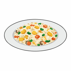 Plate of fried rice with vegetables, mushrooms, and various ingredients