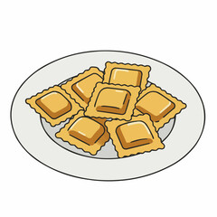 Plate filled with cartoon ravioli, some glossy squares with black borders