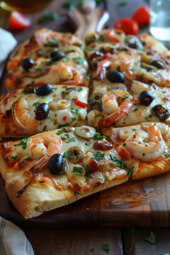 Pizza de frutos do mar com camar&otilde;es, lulas, azeitonas e ervas frescas sobre t&aacute;bua de madeira