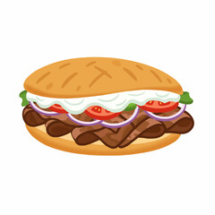 Cartoon sub sandwich illustration with various sandwich toppings on a white background
