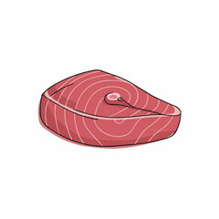 A triangular-shaped steak of raw fish with a pink hue and white lines, sitting alone
