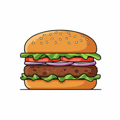 Cartoon burger with sesame bun, lettuce, & tomato sticking out from the right side