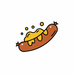 A tasty sausage sits, dressed in yellow sauce, with circular highlights on a white backdrop