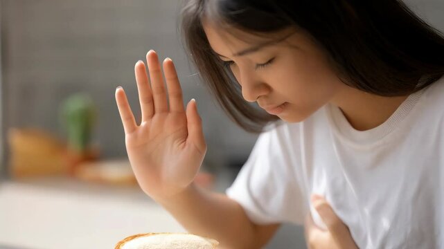 Young woman experiencing chest pain and holding up hand to refuse slice of bread due to possible food allergy or dietary intolerance