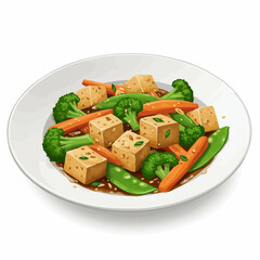 A dish of stir-fried tofu with broccoli, carrots, and snow peas on a white plate