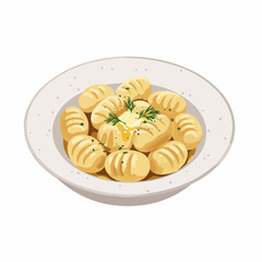 Steaming potato gnocchi, topped with melted butter and fresh dill, on speckled plate