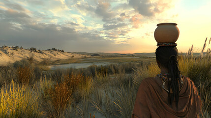 A woman carrying a clay pot on her head gazes out over a vast, arid landscape at sunset.  A tranquil scene of a dry, grassy plain with a shallow riverbed