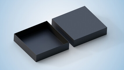 Black box with lid mock up isolated. Empty square box mockup with lid isolated on soft blue background. Empty box with lid 3d illustration. Black gift box with lid.