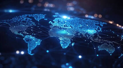Digital World Map Showing Connectivity on Dark Background, Global Network Concept