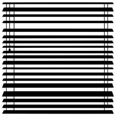 Black window blinds partially closed, horizontal lines against a white background