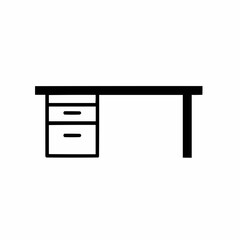 Simple, monochrome line art of a desk with drawer on a white background