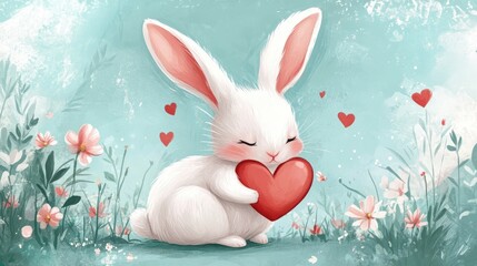 Bunny Holds Heart. Cute Illustration For Cards, Valentine'S Day, Or Spring.