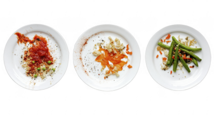 Top-down view featuring three white plates showcasing leftovers of meals with different sauces and vegetables on a transparent background, PNG image, PNG file.
