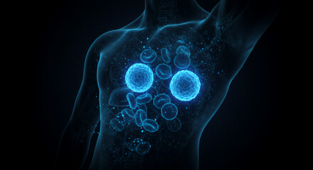 Glowing Blue White Blood Cells in 3D Medical Visualization