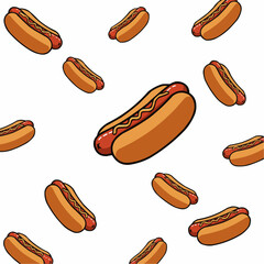 Hot dog pattern. Red sausage with yellow mustard on a tan bun and black outline
