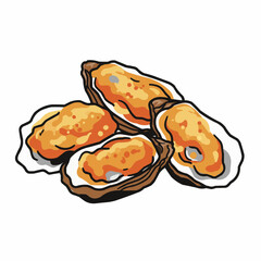 Three tasty oysters on the shell, with orange filling, brown edge, and white outline