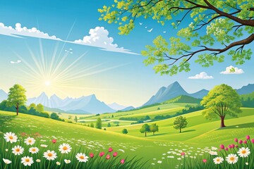 Obraz premium Serene Spring Meadow Landscape Rolling Hills Sunlit Daisies Mountain Vista