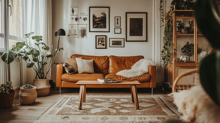 Relaxed, lived-in contemporary boho style interior with natural light, a gallery wall, wide landscape format 16:9, aspirational decor inspo