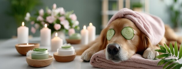 Golden Retriever enjoys a relaxing spa day with towel and cucumbers in a serene candlelit setting featuring calming elements