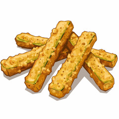 Fried dill pickle spears, golden brown with crunchy coating, arranged on white