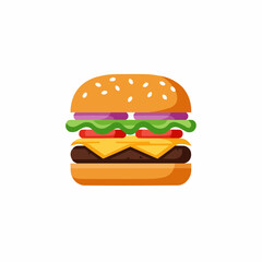 Cartoon sandwich with layers of tomato, lettuce, onion, and a sesame seed bun