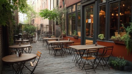 Naklejka premium Charming outdoor patio cafe setting in a city alleyway.