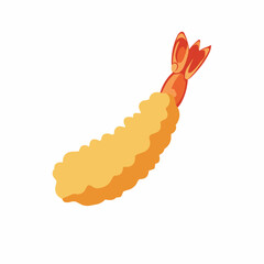 Cartoon shrimp tempura with batter and tail, on a white background