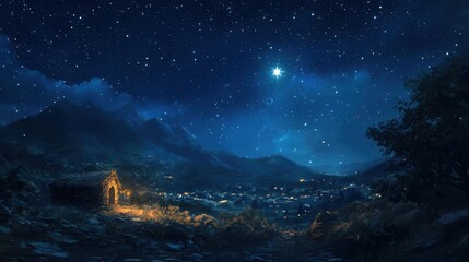Fototapeta premium Star Bethlehem Christmas Star Bright Dark Blue Night Sky Religious Art Nativity Hope Light