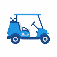 Fototapeta premium Golf cart graphic with clubs. The illustration has simple shapes, lines, and blue