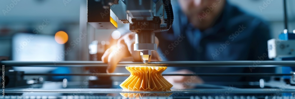 Poster Close-up of 3D printing process with mechanical component. Detailed view of advanced manufacturing technology.