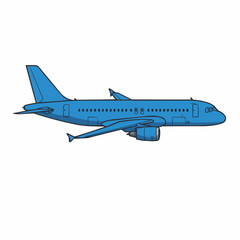 Blue cartoon airplane, with windows, door, and stabilizers on a white background