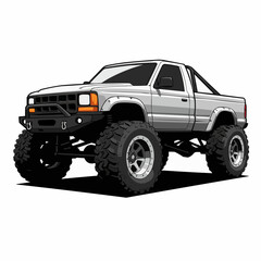 Vectorized off-road vehicle, front view, gray and black, large tires, modified bumper