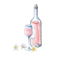 Partial bottle of rose wine, glass and delicate frangepani flowers. Isolated watercolor illustration for restaurant menu design, summer parties.