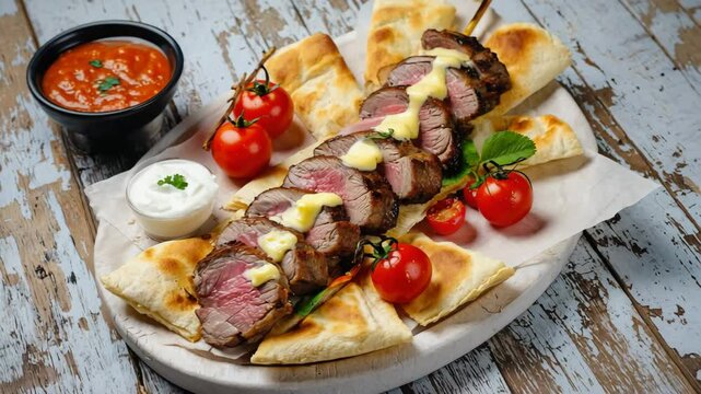 Iskender kebab with warm pita and yogurt, Soft lighting, Golden and red tones, Appetizing and filling, Close-up shot
