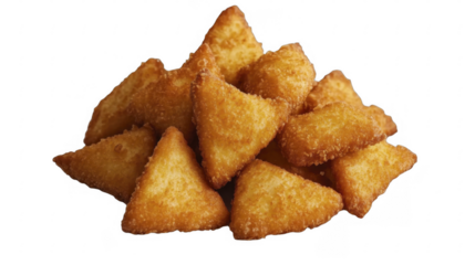 Golden fried potato cakes arranged in pile, showing the crispy texture and triangular shape, perfect appetizer, on a transparent background, PNG image, PNG file.